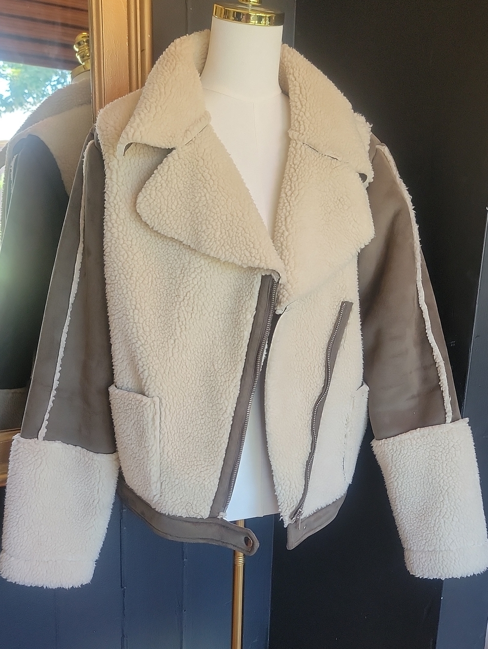 Catherines Cream Sherpa-Lined Jacket with Taupe Interior